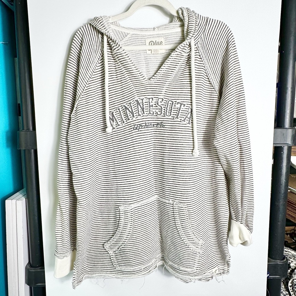 Blue 84 Minnesota Hoodie Cream Gray Striped Lightweight Womens Size XL Raw Hems